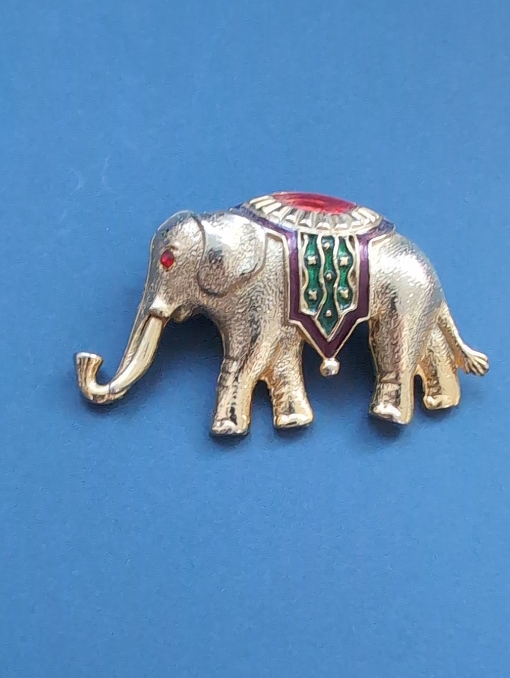 Gold Tone Elephant Pin with Red and Green Enamel Accents
